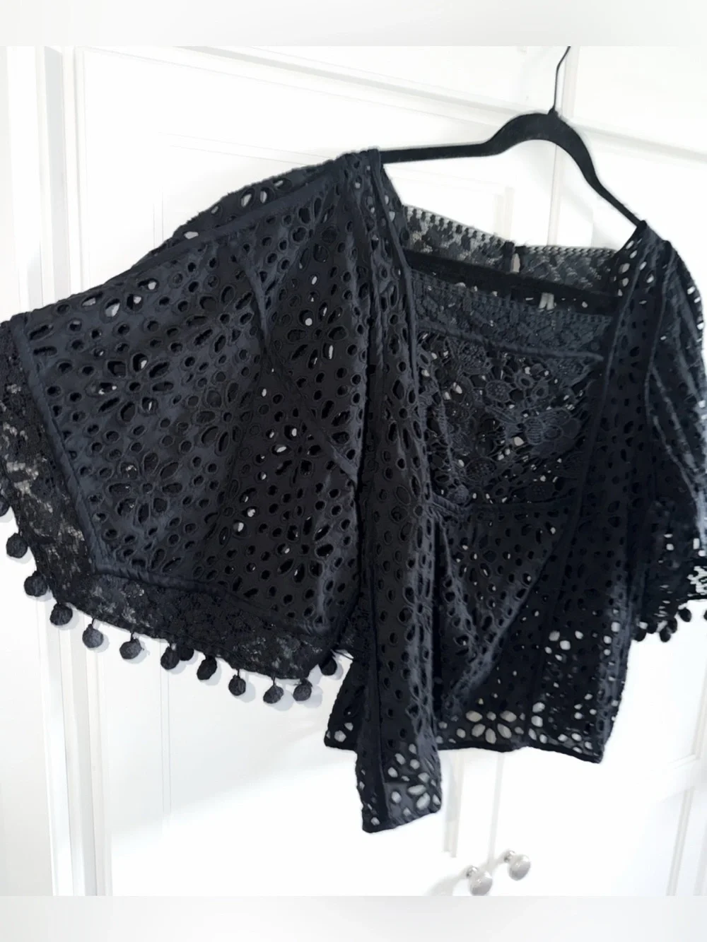 By Anthropologie Boat-Neck Black Victorian Cutwork Pom-Pom Blouse Sz XL Boho